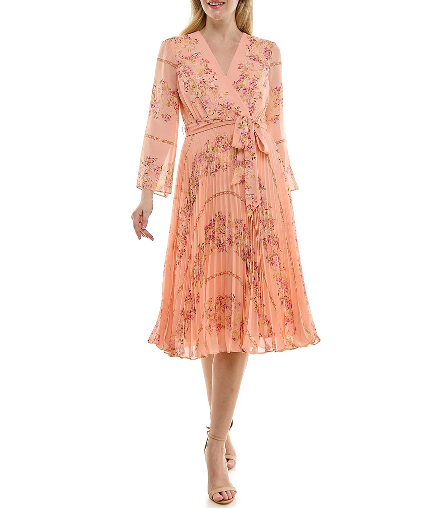 Moda Tara Long Sleeve Faux Wrap V-Neck Floral Chiffon Midi Dress