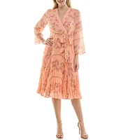 Moda Tara Long Sleeve Faux Wrap V-Neck Floral Chiffon Midi Dress