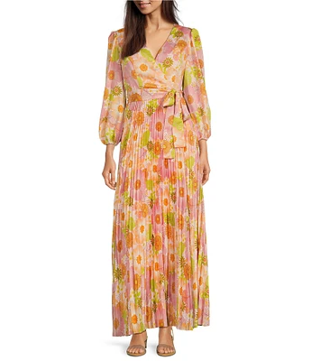 Moda Tara Long Sleeve Floral Print Pleated Satin Crepe Dress