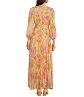 Moda Tara Long Sleeve Floral Print Pleated Satin Crepe Dress