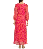 Moda Tara Long Sleeve V-Neck Tropical Print Twist Tie A-Line Maxi Dress