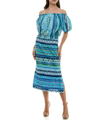 Moda Tara Off-The-Shoulder Short Puff Sleeve Midi 2-Piece Skirt Set