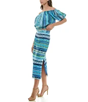 Moda Tara Off-The-Shoulder Short Puff Sleeve Midi 2-Piece Skirt Set