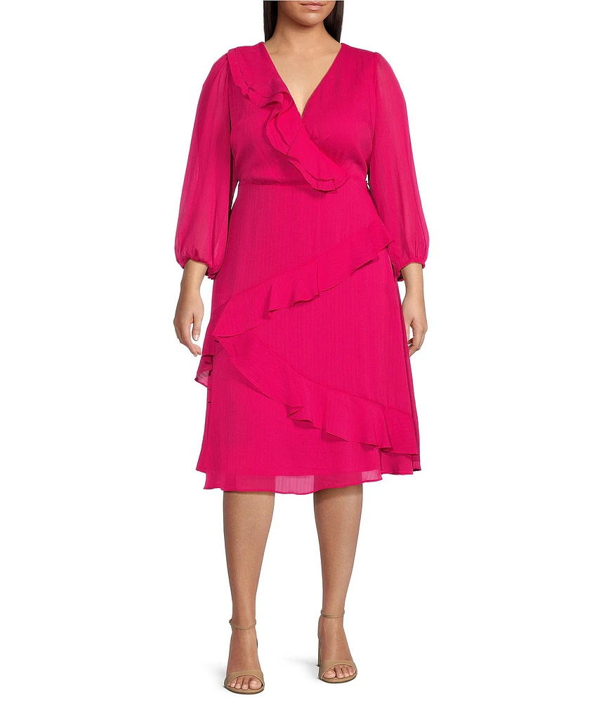 Moda Tara Plus Size Chiffon Ruffled Faux Wrap Dress