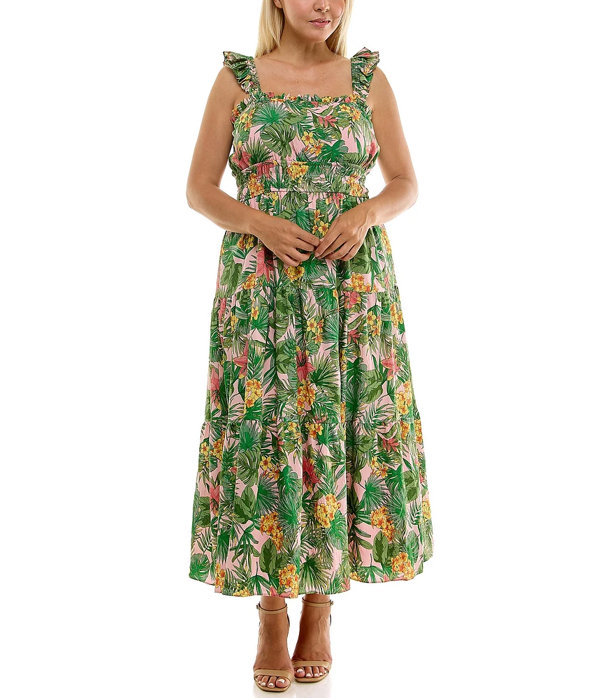 Moda Tara Plus Size Square Neck Sleeveless Tropical Print Tiered A-Line Sundress