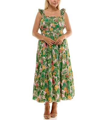 Moda Tara Plus Size Square Neck Sleeveless Tropical Print Tiered A-Line Sundress
