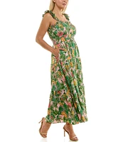 Moda Tara Plus Size Square Neck Sleeveless Tropical Print Tiered A-Line Sundress