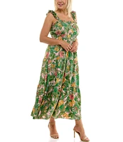 Moda Tara Plus Size Square Neck Sleeveless Tropical Print Tiered A-Line Sundress