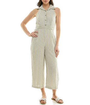 Moda Tara Point Collar Striped Jumpsuit