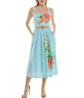 Moda Tara Raffia Belt Floral Square Neckline Midi Sleeveless A-Line Dress