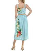 Moda Tara Raffia Belt Floral Square Neckline Midi Sleeveless A-Line Dress