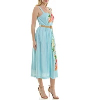 Moda Tara Raffia Belt Floral Square Neckline Midi Sleeveless A-Line Dress