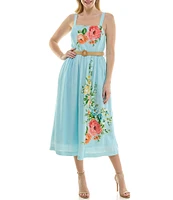 Moda Tara Raffia Belt Floral Square Neckline Midi Sleeveless A-Line Dress