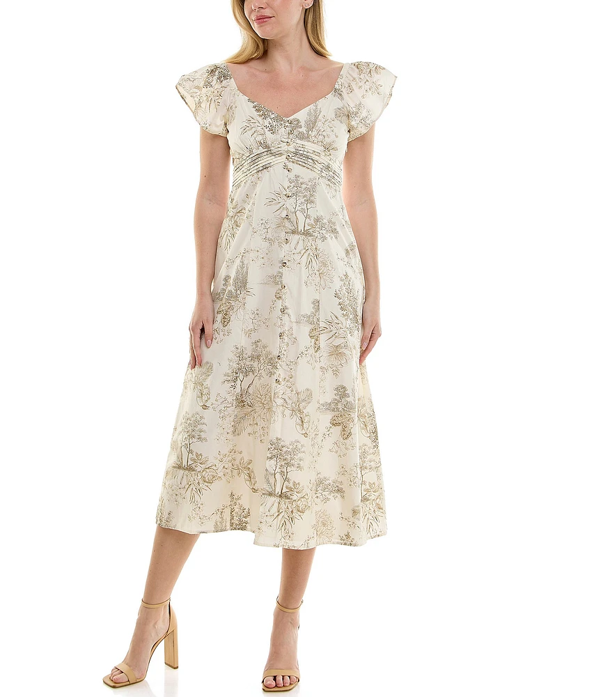 Moda Tara Short Flutter Sleeve Toil Print A-Line Midi Dress