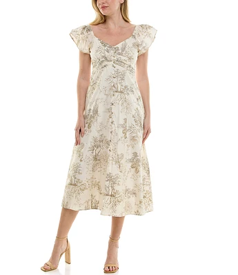 Moda Tara Short Flutter Sleeve Toil Print A-Line Midi Dress