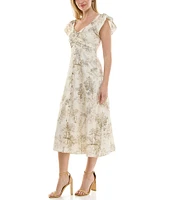 Moda Tara Short Flutter Sleeve Toil Print A-Line Midi Dress