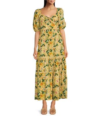 Moda Tara Short Sleeve V-Neck Floral Printed Tiered A-Line Maxi Dress