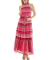 Moda Tara Sleeveless Mock Neck Belted Crochet Maxi Dress