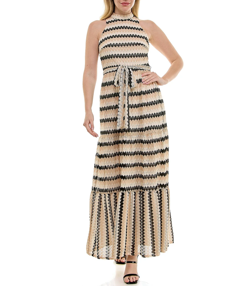Moda Tara Sleeveless Mock Neck Belted Crochet Maxi Dress