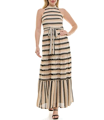 Moda Tara Sleeveless Mock Neck Belted Crochet Maxi Dress