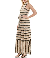 Moda Tara Sleeveless Mock Neck Belted Crochet Maxi Dress