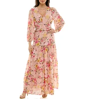 Moda Tara V-Neck Long Sleeve Floral Print A-Line Maxi Dress