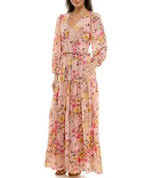 Moda Tara V-Neck Long Sleeve Floral Print A-Line Maxi Dress