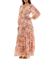 Moda Tara V-Neck Long Sleeve Floral Print A-Line Maxi Dress