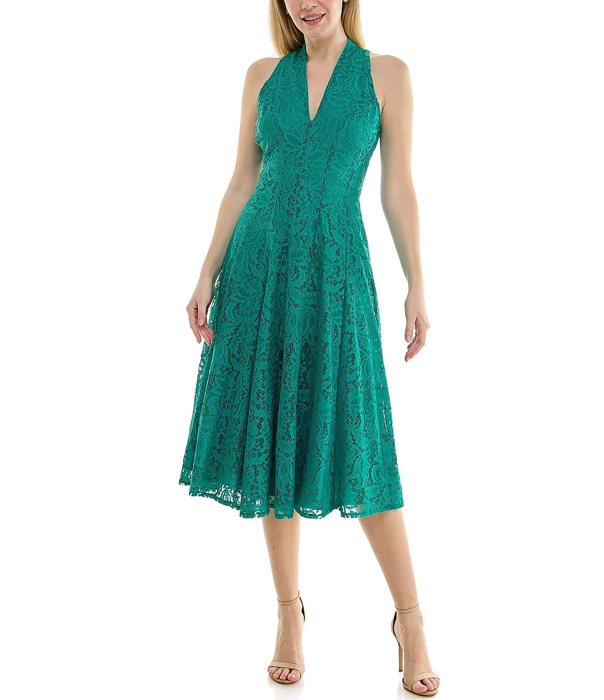 Moda Tara V-Neck Sleeveless Corded Lace A-Line Midi Dress
