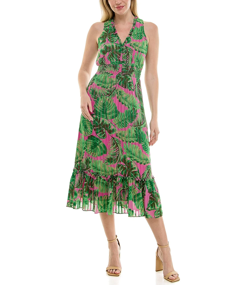 Moda Tara V-Neck Sleeveless Shadow Stripe Chiffon Tropical Palm Print Midi Dress
