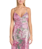 Morgan & Co. Floral Printed Sequin Embellished V-Neck Midi Dress