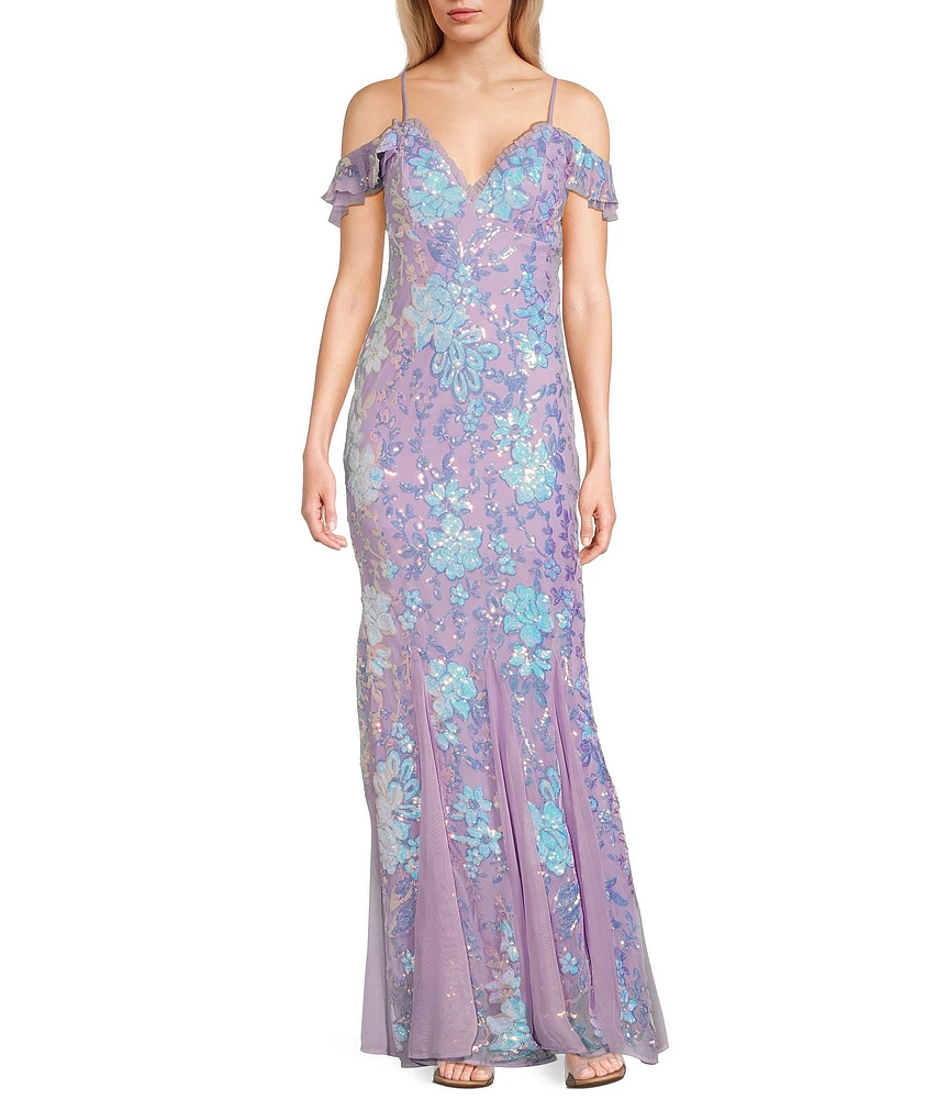 Morgan & Co. Floral Sequin V-Neck Off-The-Shoulder Sleeve Dress