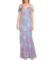 Morgan & Co. Floral Sequin V-Neck Off-The-Shoulder Sleeve Dress