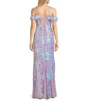 Morgan & Co. Floral Sequin V-Neck Off-The-Shoulder Sleeve Dress
