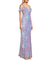 Morgan & Co. Floral Sequin V-Neck Off-The-Shoulder Sleeve Dress