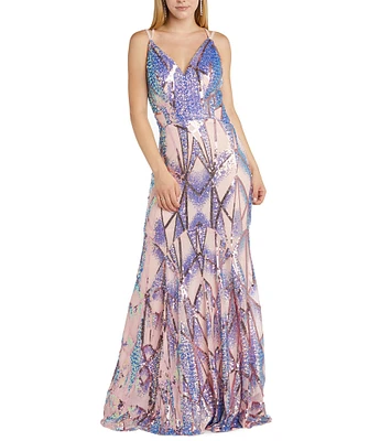 Morgan & Co. Sequin Pattern Soft Draped Cowl Spaghetti Strap Long Dress