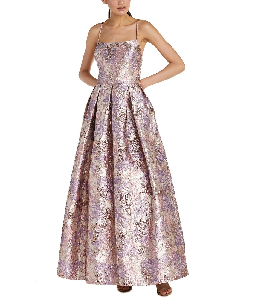 Morgan & Co. Metallic Jacquard Spaghetti Strap Criss Cross Back Ballgown
