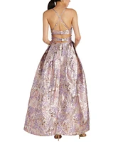 Morgan & Co. Metallic Jacquard Spaghetti Strap Criss Cross Back Ballgown