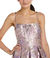 Morgan & Co. Metallic Jacquard Spaghetti Strap Criss Cross Back Ballgown