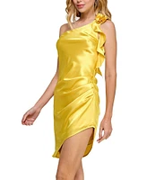 Morgan & Co. One Shoulder Charmeuse With Rosette & Ruffle Detail Dress
