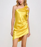 Morgan & Co. One Shoulder Charmeuse With Rosette & Ruffle Detail Dress