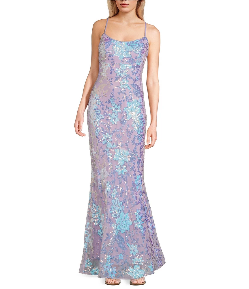 Morgan & Co. Pattern Floral Sequin Bar Back Long Dress