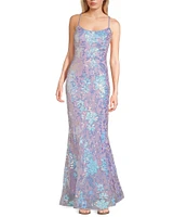 Morgan & Co. Pattern Floral Sequin Bar Back Long Dress