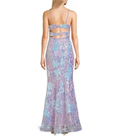 Morgan & Co. Pattern Floral Sequin Bar Back Long Dress