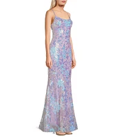 Morgan & Co. Pattern Floral Sequin Bar Back Long Dress