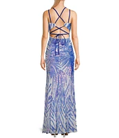 Morgan & Co. Pattern Sequin Cage Back Long Dress
