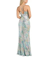Morgan & Co. Printed Sequin Drape Cowl Neck Cross Cross Back Dress