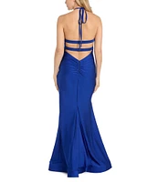 Morgan & Co. Satin Halter Neck Bar Back Front Slit Bodycon Dress