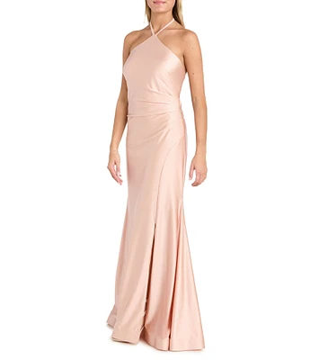 Morgan & Co. Satin Halter Neck Bar Back Front Slit Bodycon Dress