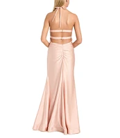 Morgan & Co. Satin Halter Neck Bar Back Front Slit Bodycon Dress